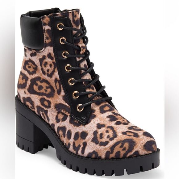 TOP MODA Bianca Faux Leather Lace Up Block Heel Ankle Bootie Leopard 7.5 NEW - Picture 1 of 12